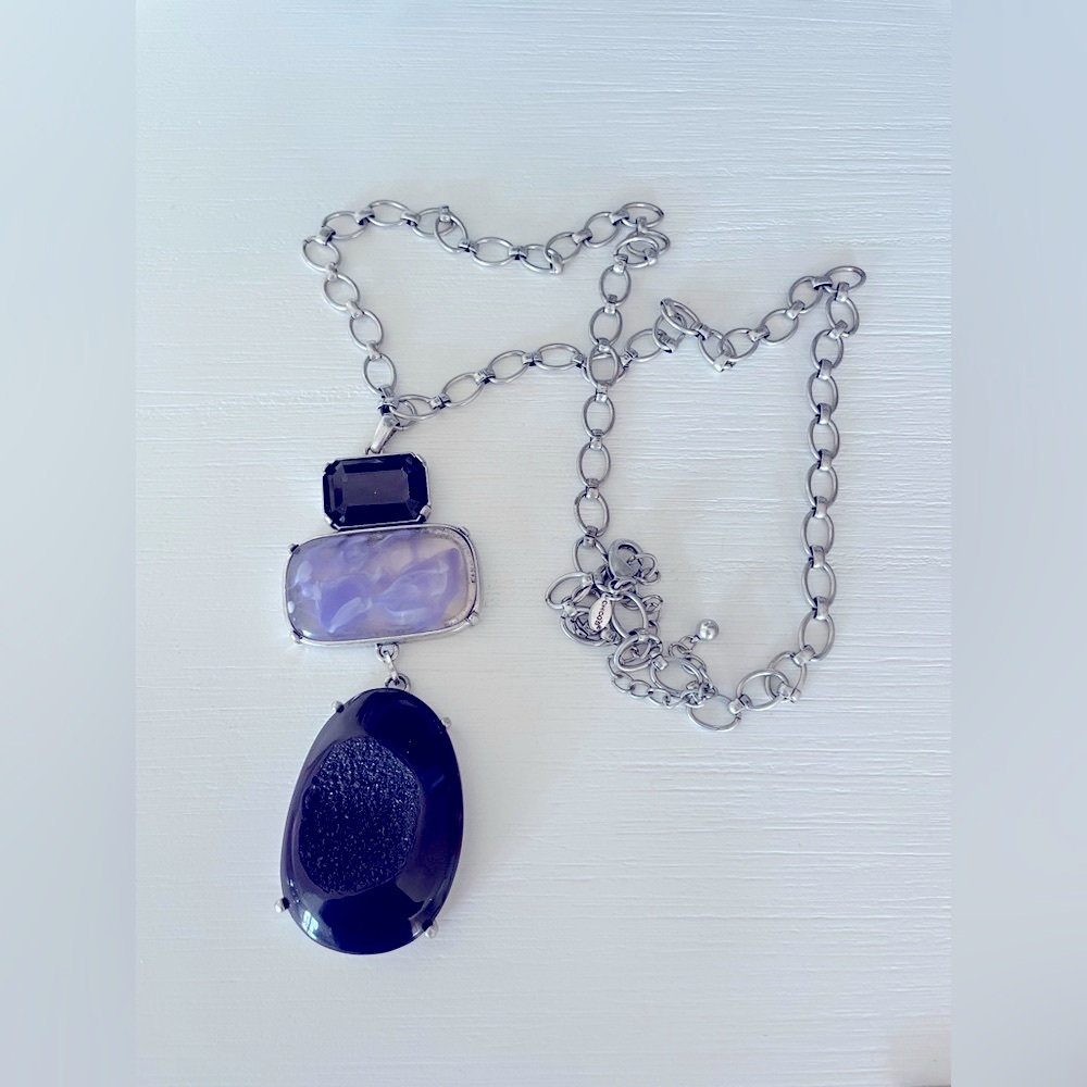 Chico's Necklace Chunky Faux Purple Druzy Stones Pendant Brush Silver Long Chain